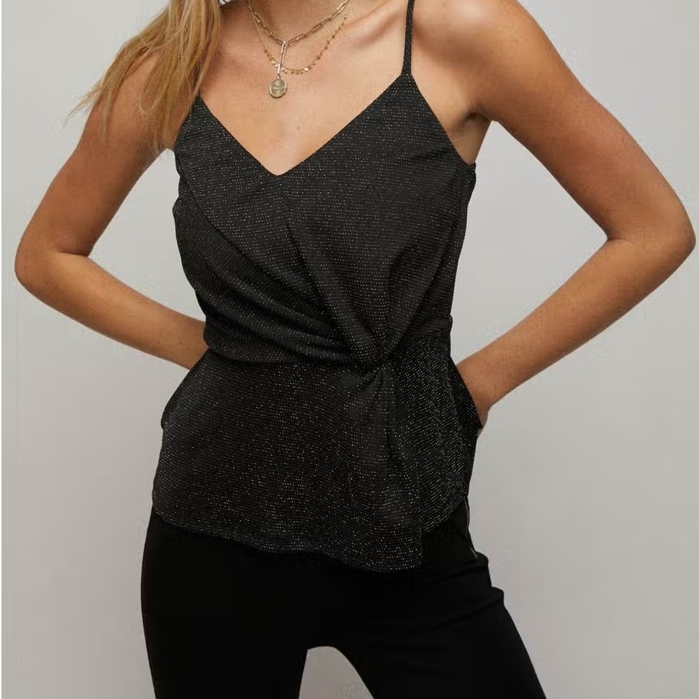 Side Twist Peplum Cami Tank Top Black Sparkle Lurex Knit Adjustable Straps - Picture 3 of 11